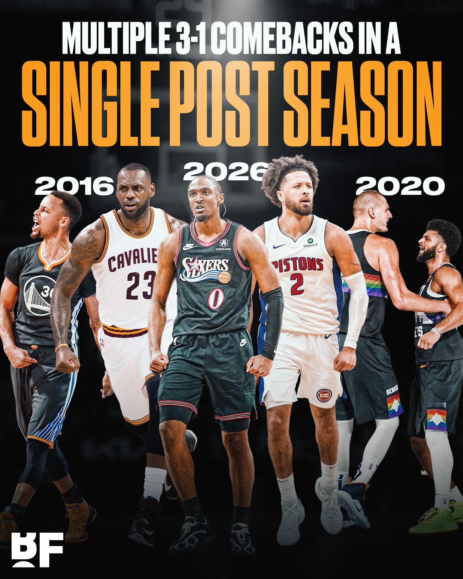 NBA 随着76人和活塞晋级，这将是NBA历史上第三次季后赛出现多场1-3落后逆