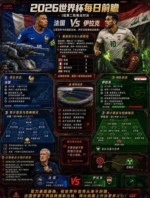 美加墨世界杯前瞻｜法国vs伊拉克  ⚽这场比赛，法国整体实力和进攻配置明显占优，
