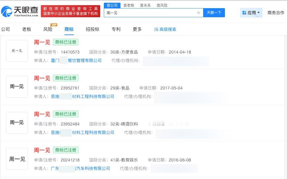 周一见已被申请注册为商标

多家公司名叫周一见
近日，演员文章在上海开设陕西风味