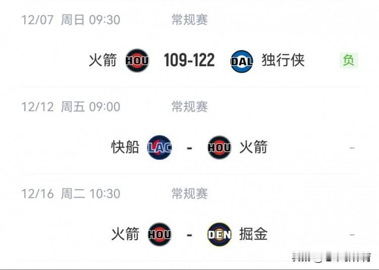 九天才一场比赛？这赛程对火箭太不友好了！
火箭在12月7号打完独行侠的比赛后，一