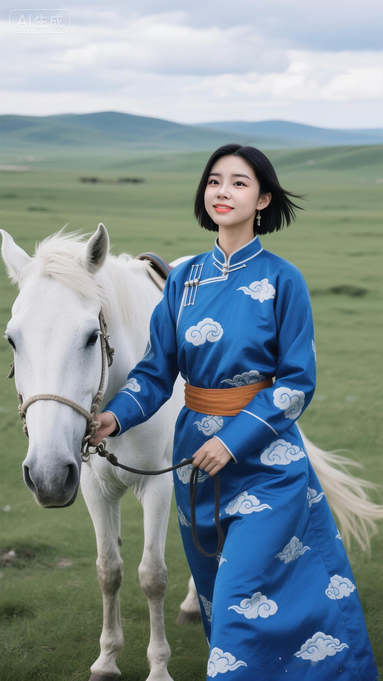 草原上的蓝衣少女与白马，梦幻般的画面！