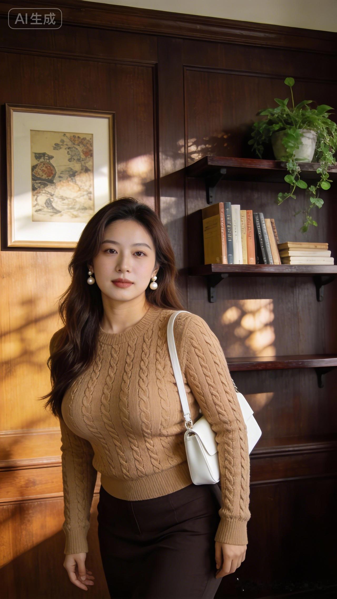 温暖秋日穿搭，米色毛衣搭配黑色裤子，简约优雅。