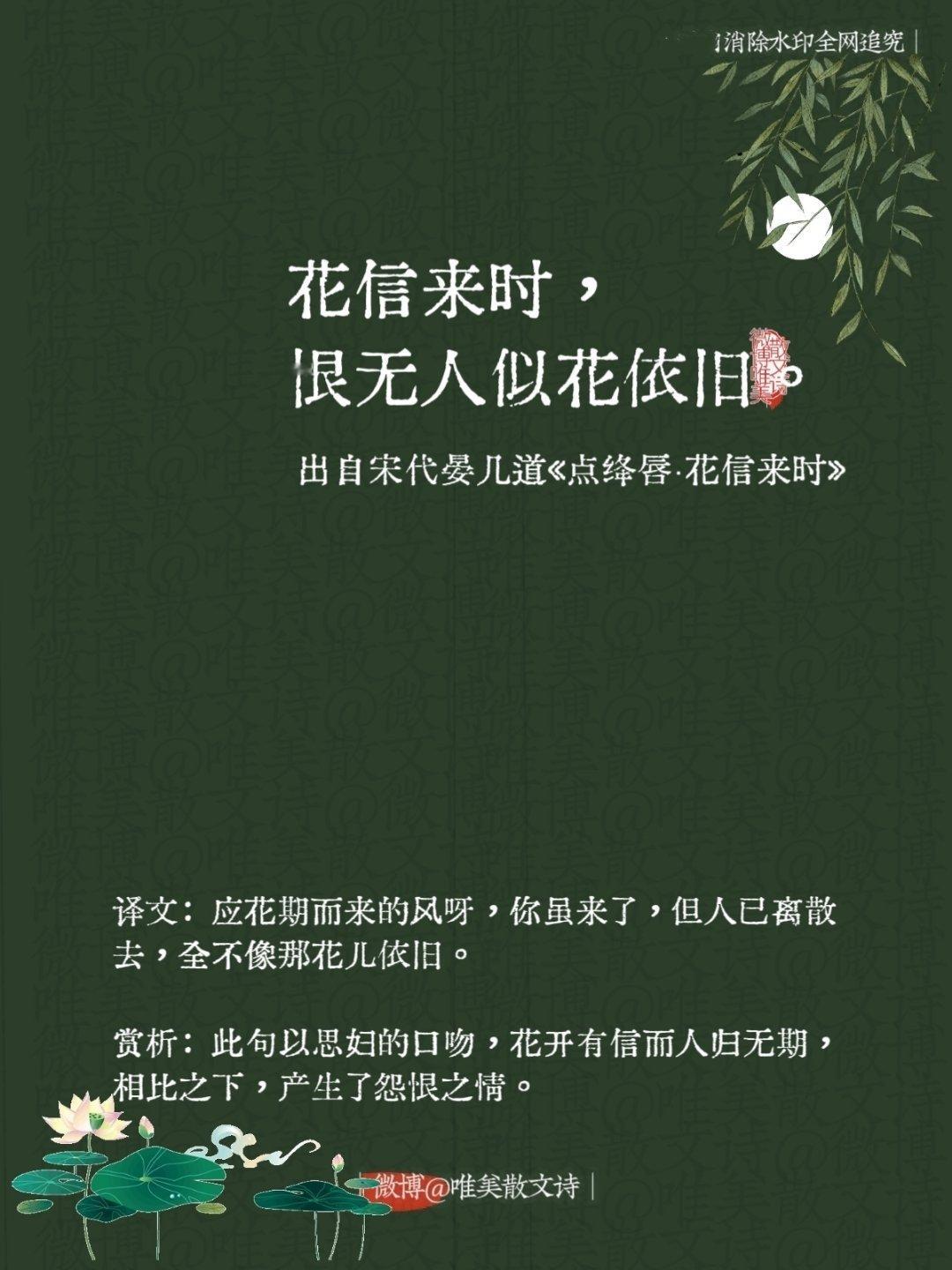 “花信来时，恨无人似花依旧。”--宋代晏几道 ​​​