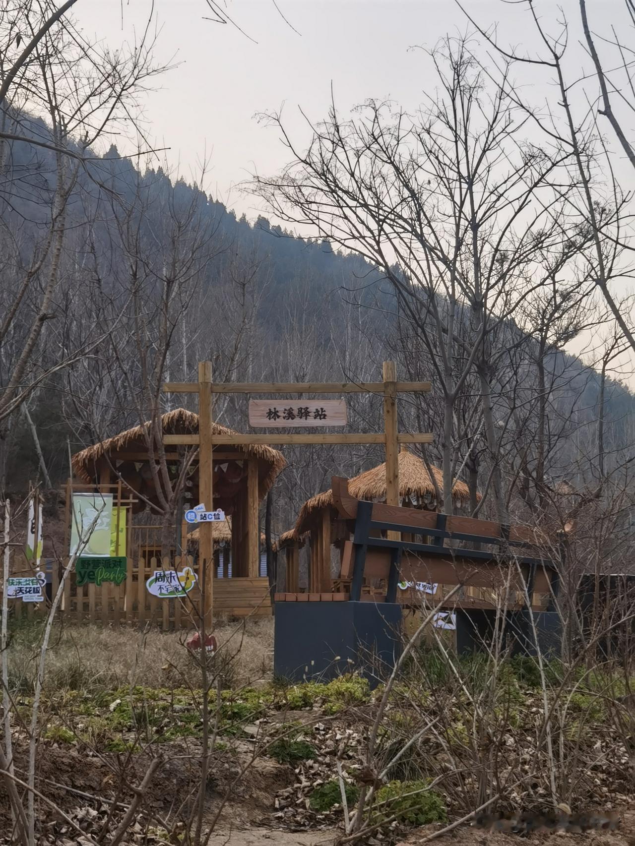 今天逛到了这个叫林溪驿站的地方，一眼看过去就特别有山野的味道。木质的架子搭着茅草