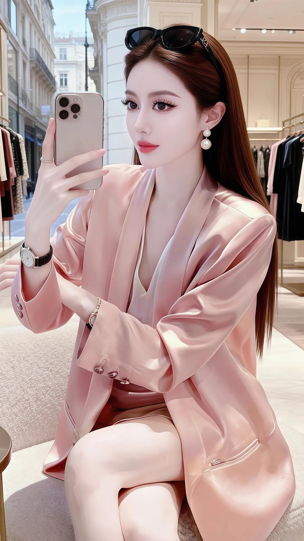 优雅穿搭指南：粉色丝绒西装，时尚街拍大片。