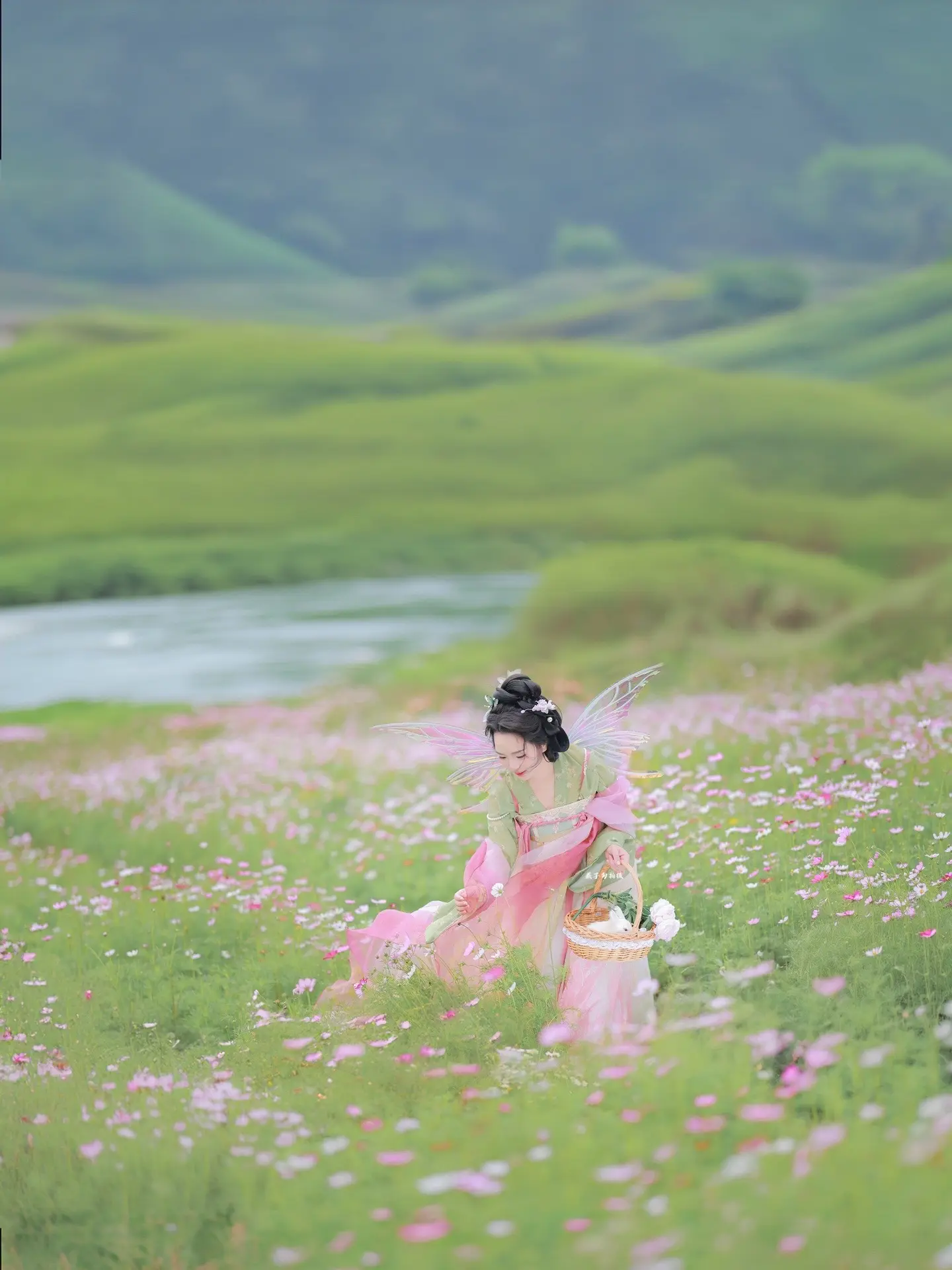 不要问啦，这里真的不是新疆～格桑花花海拍汉服真的好少女啊～还带了一个可爱的蝴蝶翅膀～