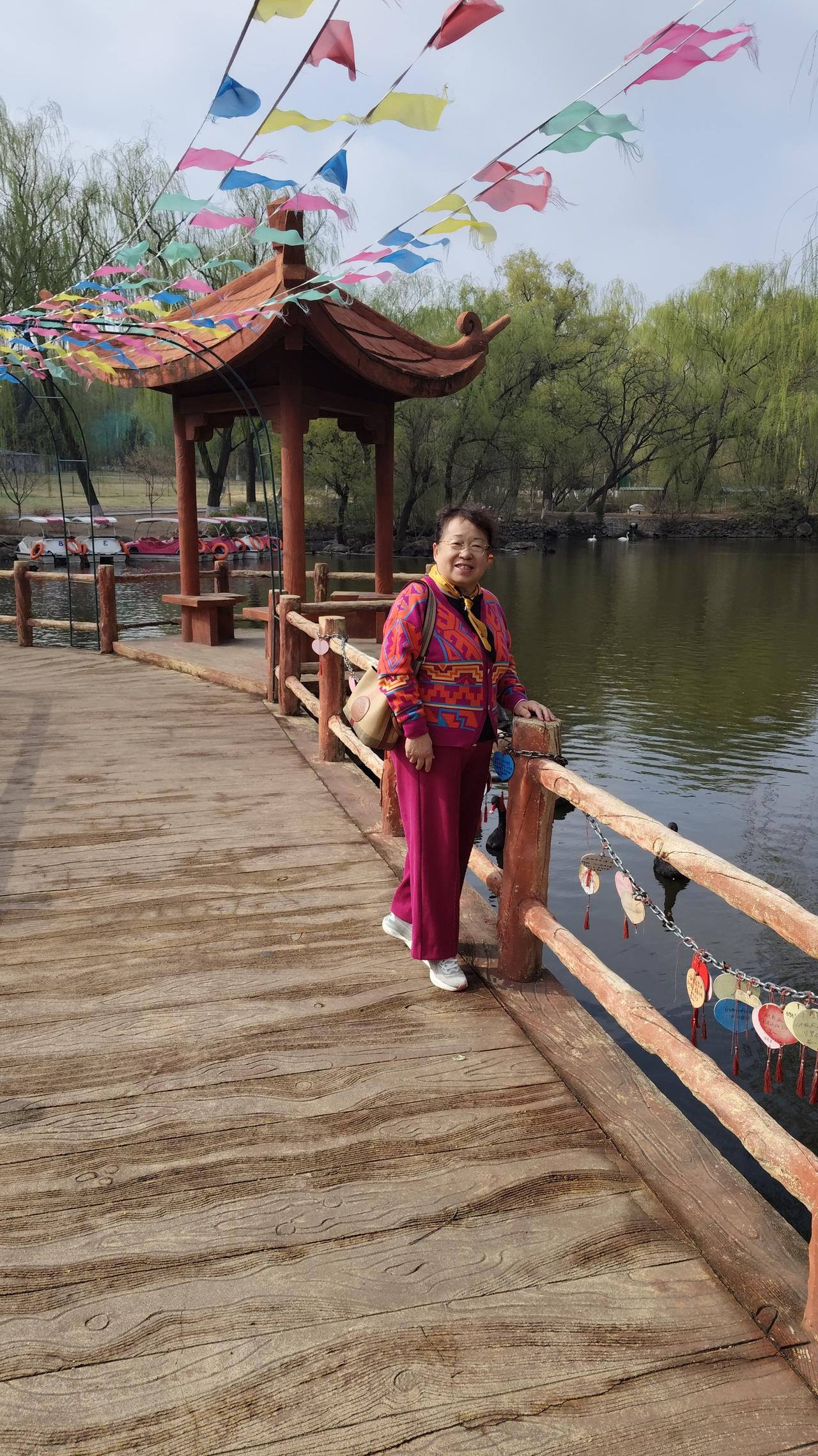 发一张你相册最近拍的花最美四月天，锦州北湖公园柳绿花开，湖面几只天鹅在嬉水玩耍，