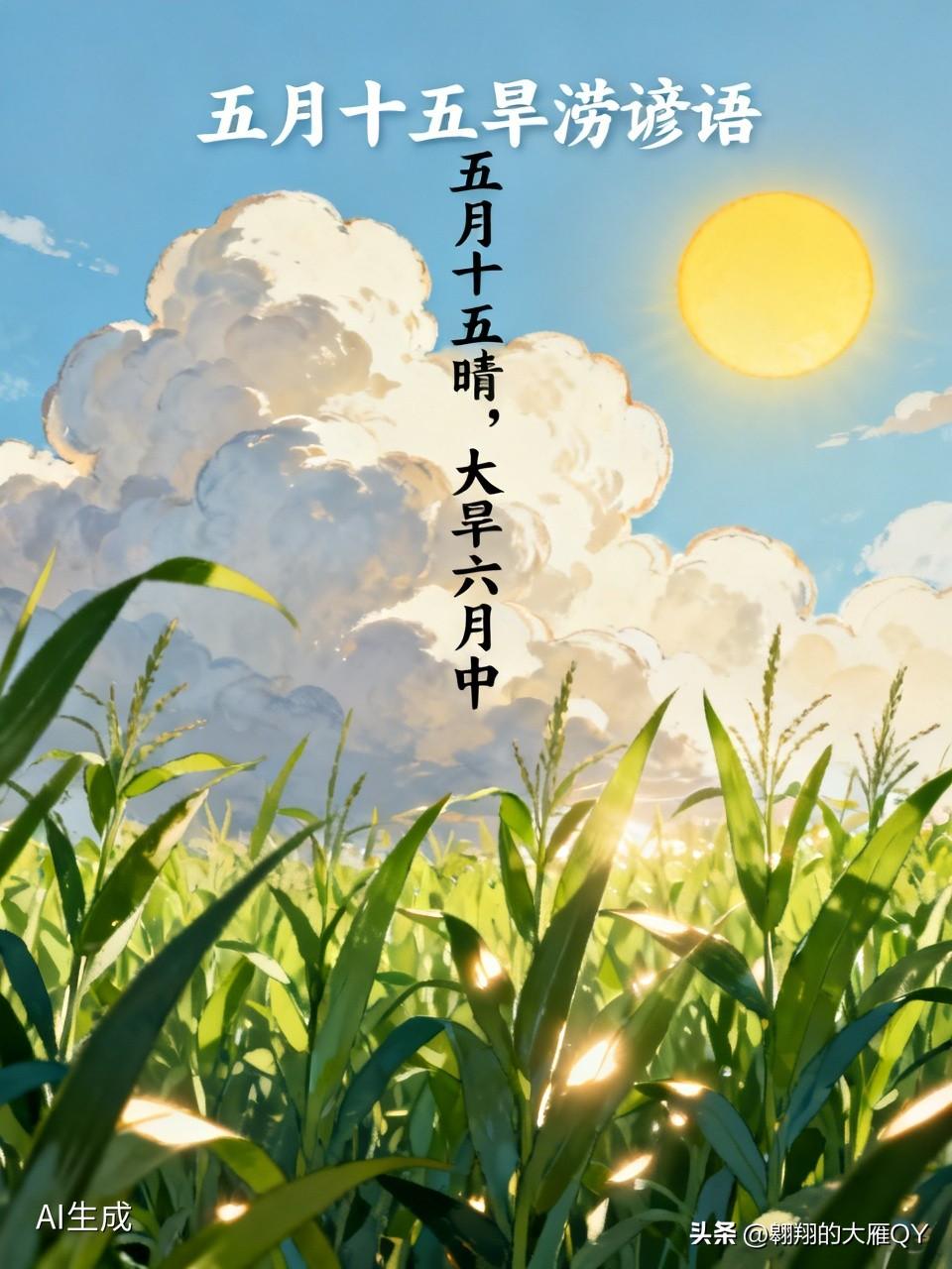 今天是五月十五民间俗语有
1. 旱不旱，就瞧五月十五；当年旱不旱，全看五月半
2