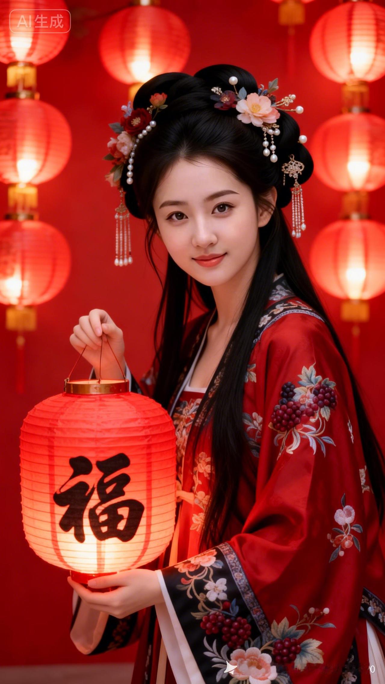 红灯笼下的福气美人，传统与现代的完美结合。