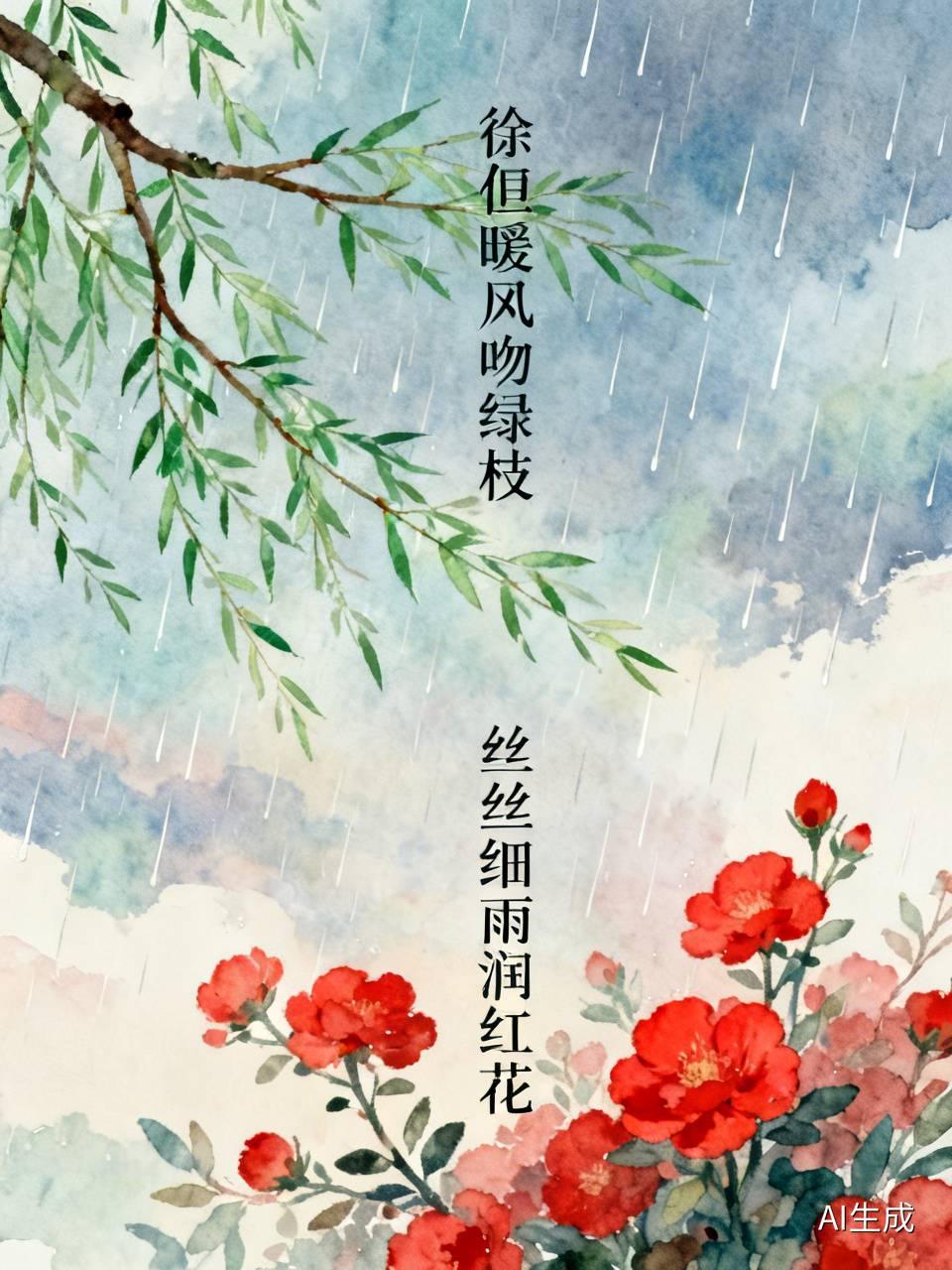 上联：徐俆暖风吻绿枝，
下联：丝丝细雨润红花。