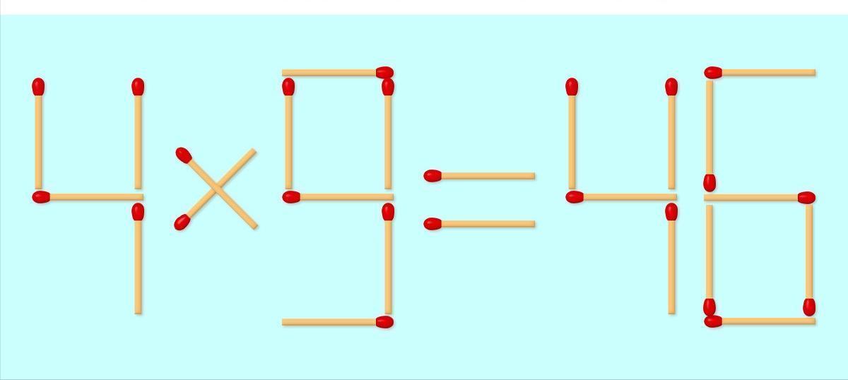 这是一道火柴棒算式题，原本的等式是用火柴摆成的“4×9 = 46” 。现在需要通