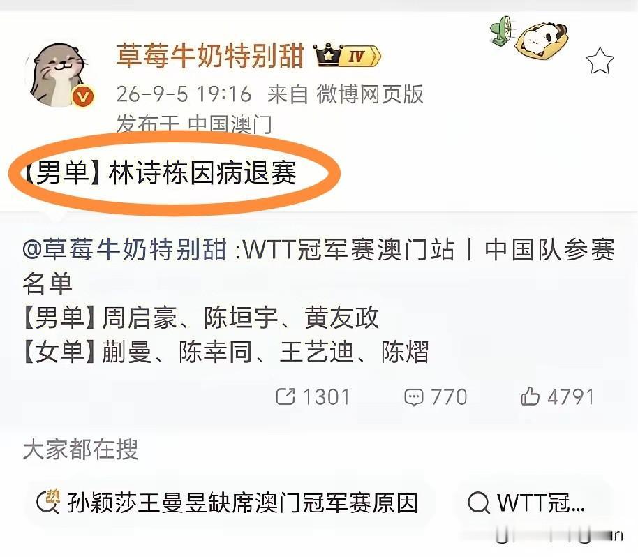 小石头也因伤退出澳门冠军赛了！

刚刚刷到草莓熊发布了小石头因伤退赛的消息。也就