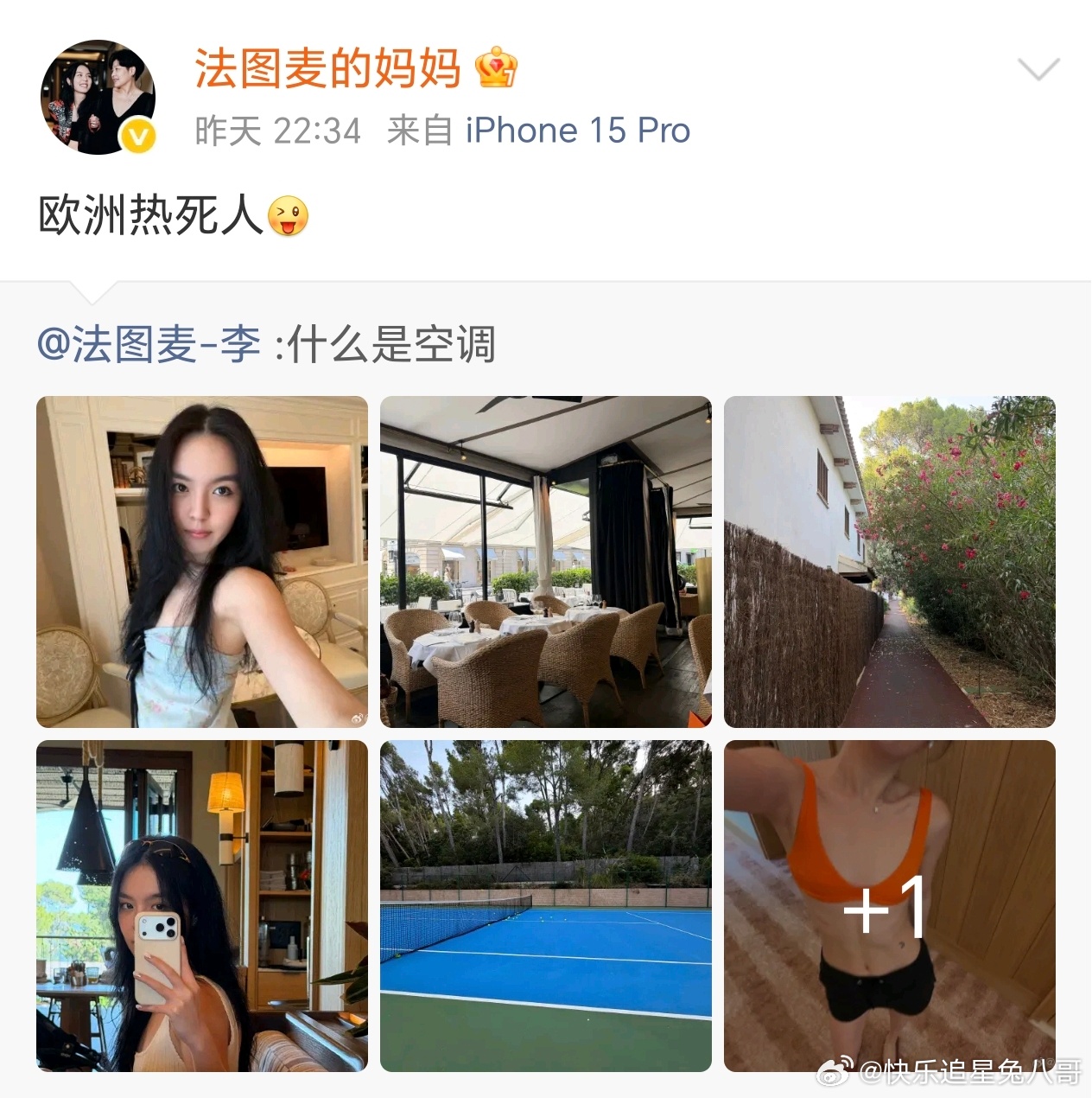 哈文母女吐槽欧洲热没空调 哈文女儿法图麦晒欧洲旅行照，配文：什么是空调？哈文转发
