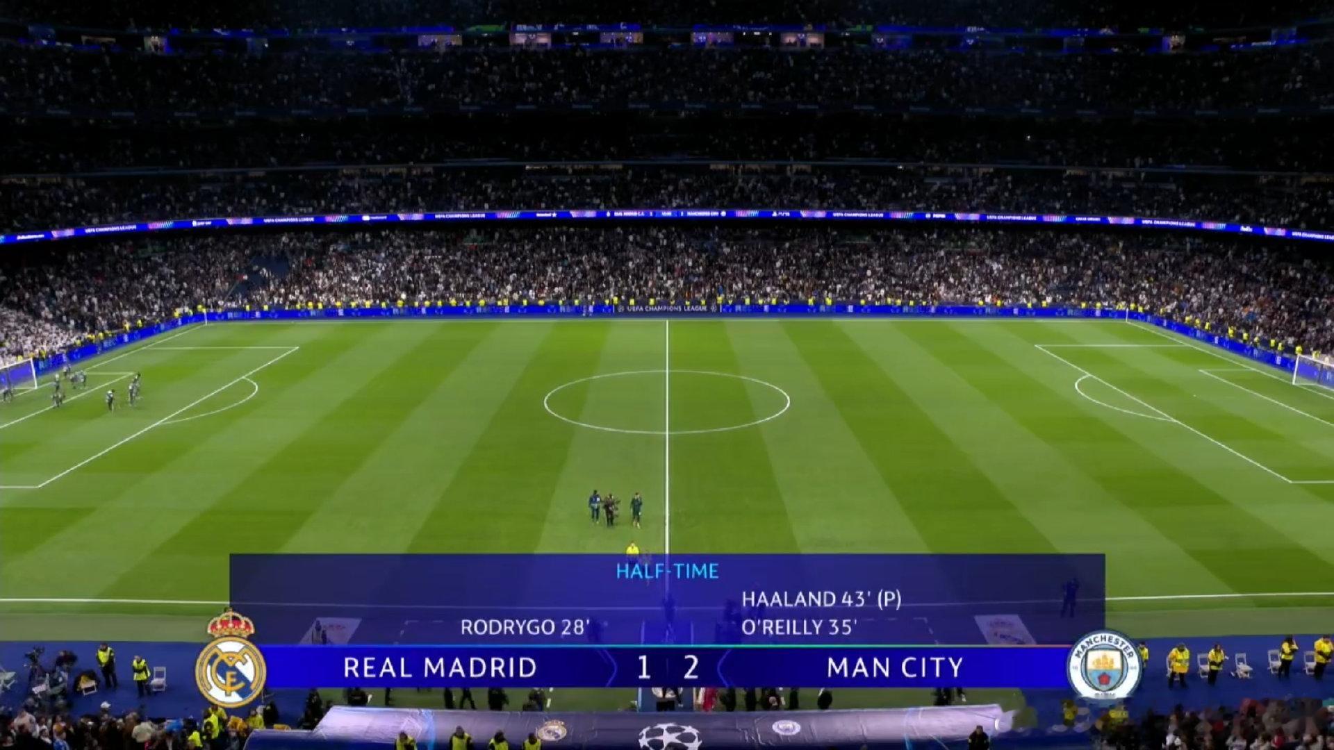 半场结束，皇马暂1-2落后曼城大伙如何评价上半场比赛 皇马vs曼城 欧冠联赛