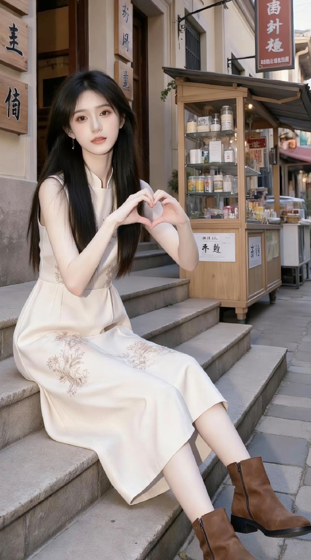 巷弄里的国风甜妹太戳心！穿无袖旗袍秀出清冷破碎感，刺绣裙摆衬得肌肤似玉，黑长直披