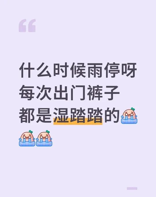 什么时候雨停呀
每次出门裤子都是湿踏踏的[流泪][流泪][流泪] 下雨天出门 大