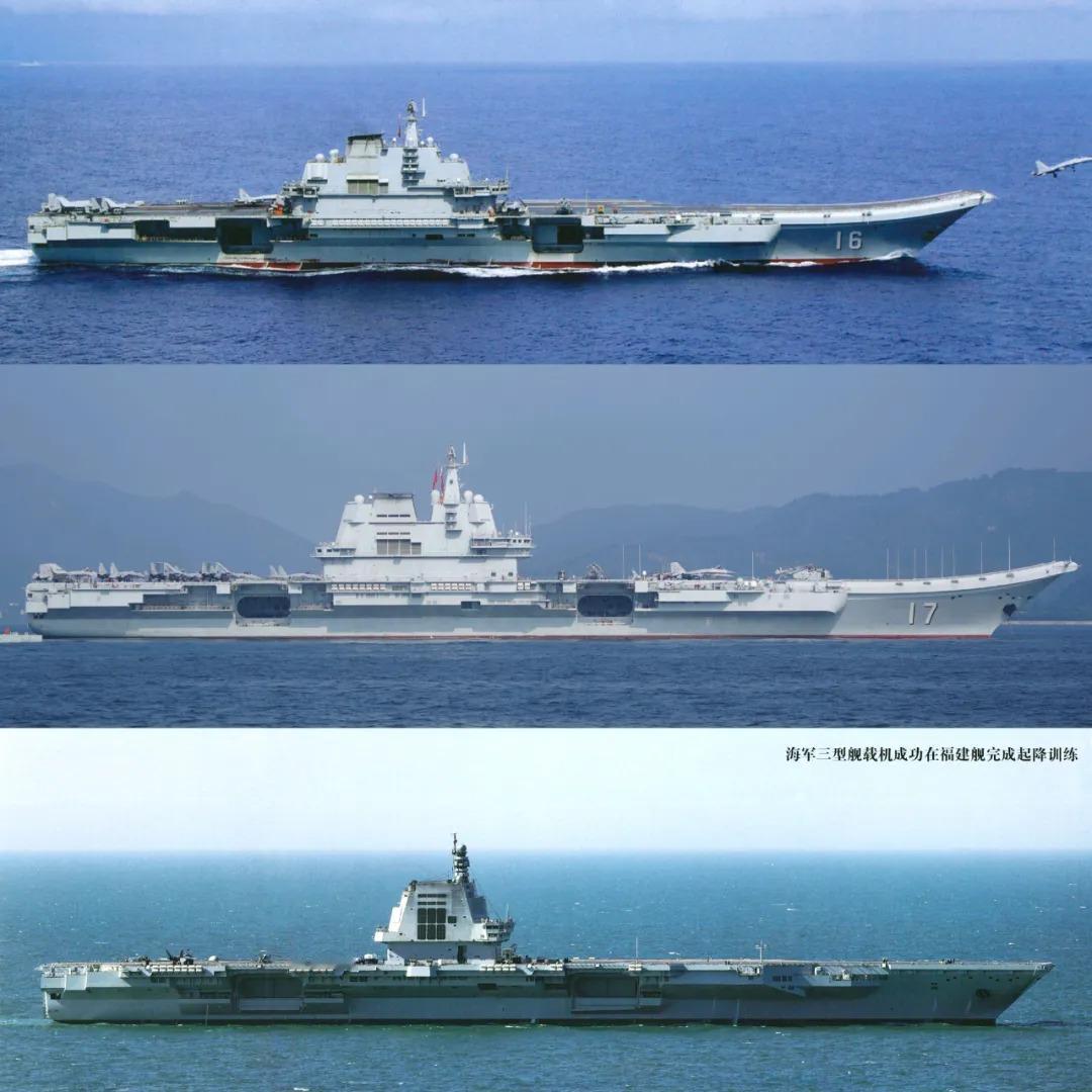 中国海军三航母侧视图同框对比！
 
首先，八万余吨的福建舰全长，要比辽宁舰、山东