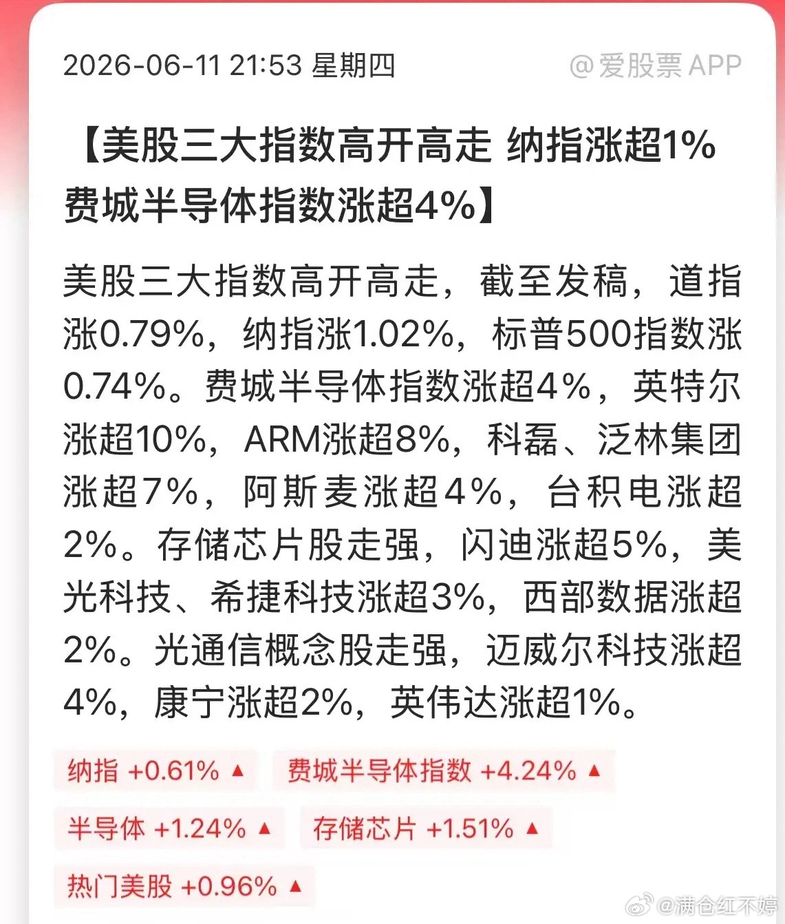 今晚美股集体收涨，纳斯达克涨超1%，费城半导体直接大涨超4%，海外科技氛围彻底回