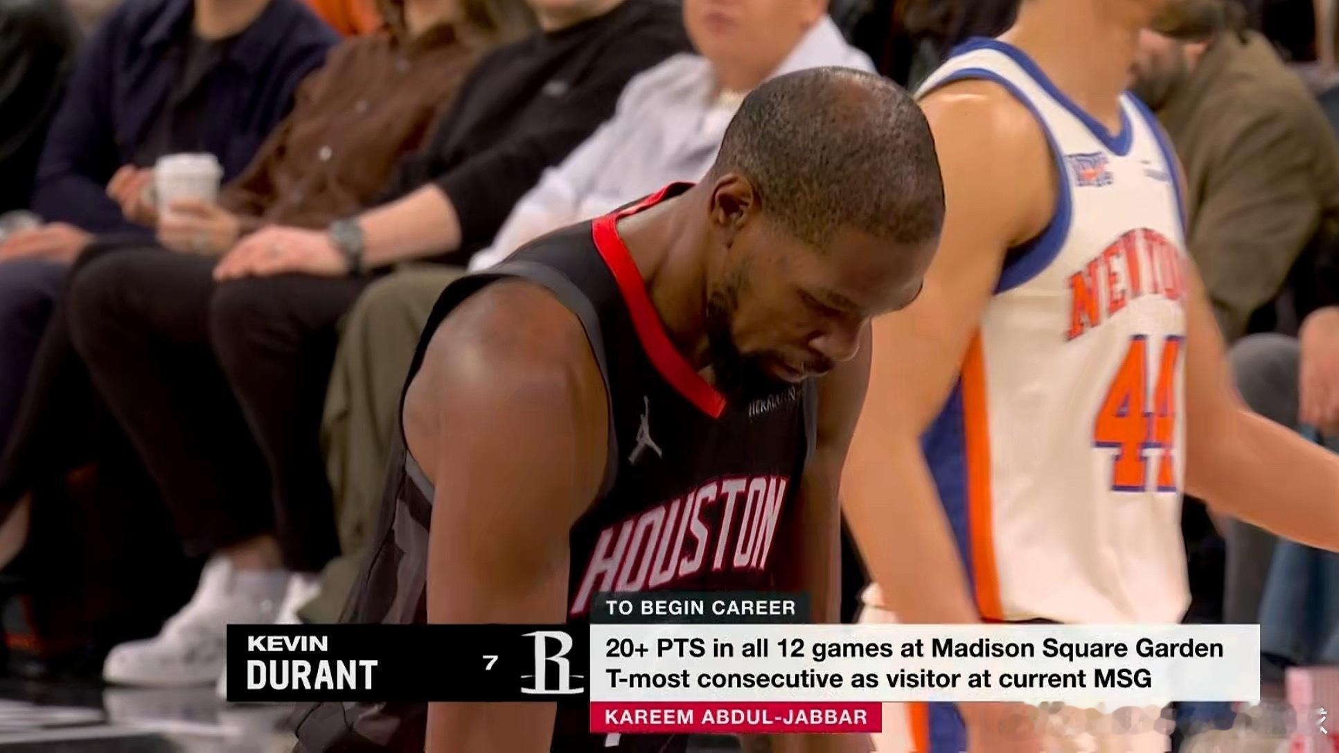 杜兰特追平卡里姆·阿布杜尔-贾巴尔，成为在麦迪逊广场花园连续12场得分20+客场