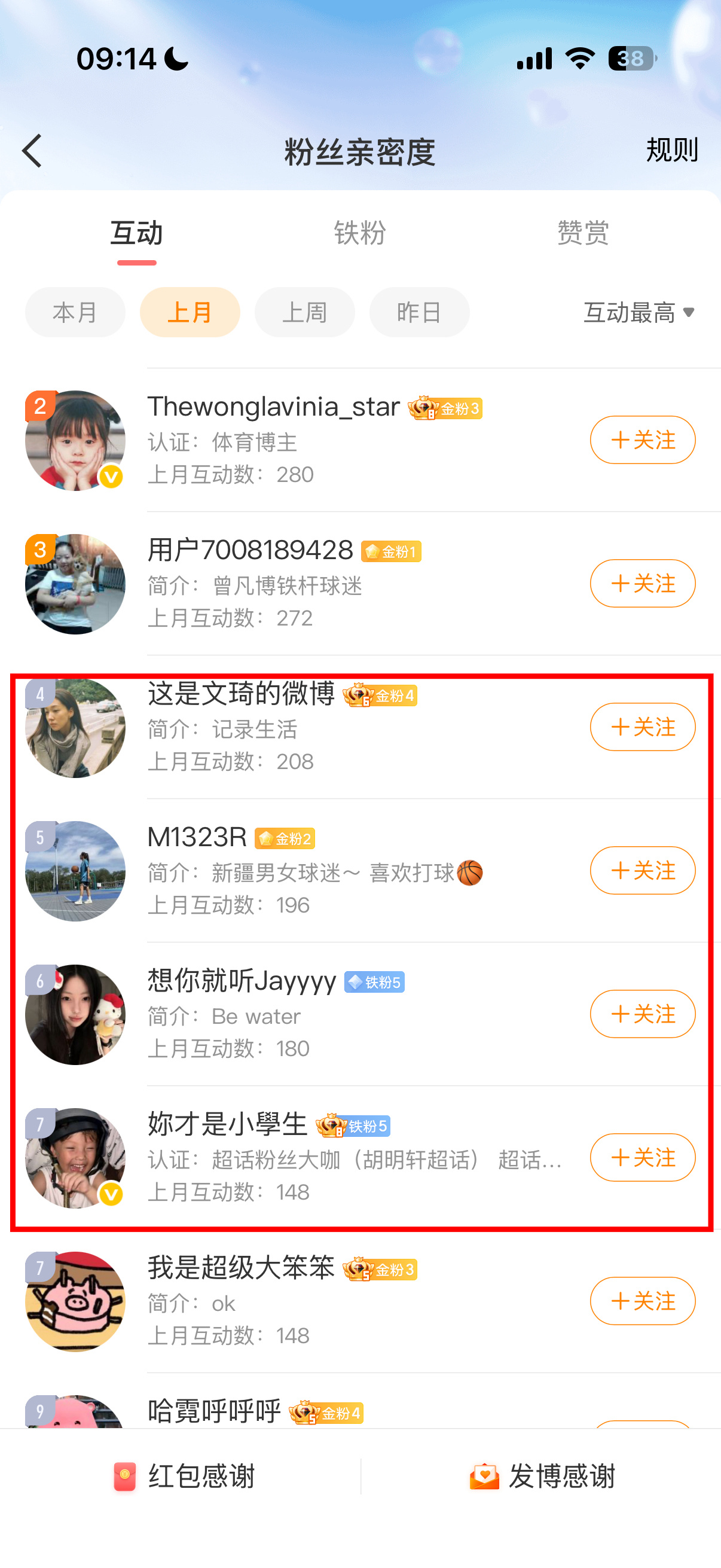 看了一眼上个月的互动榜，说好的前10里送三位朋友礼物，但我看下来这4位朋友都没有