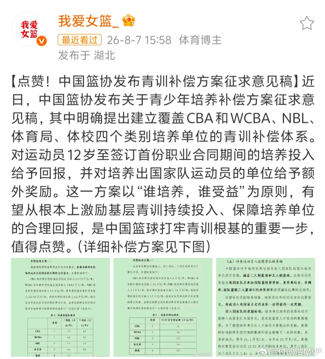 CBA青训球员转会补偿标准有望定为4.5‑7.5万/年（或者固定为6万/年）；W