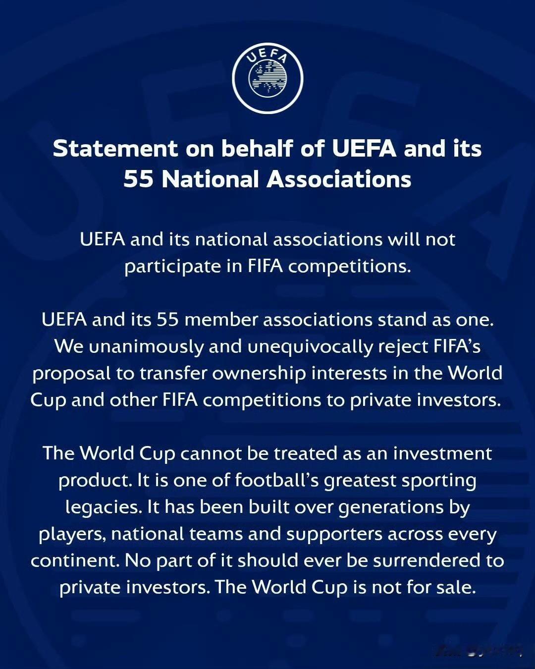 欧足联UEFA55个协会成员国抵制国际足联FIFA世界杯私有化。
切废林有事干了