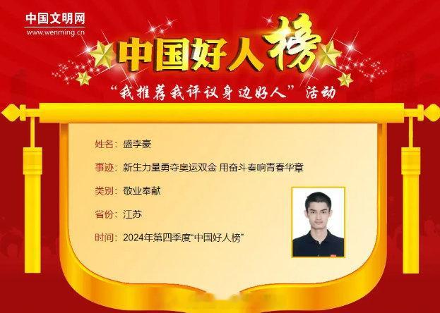 恭喜🎉 盛李豪入选中国好人榜  【2024年第四季度“中国好人榜”】中国射击运