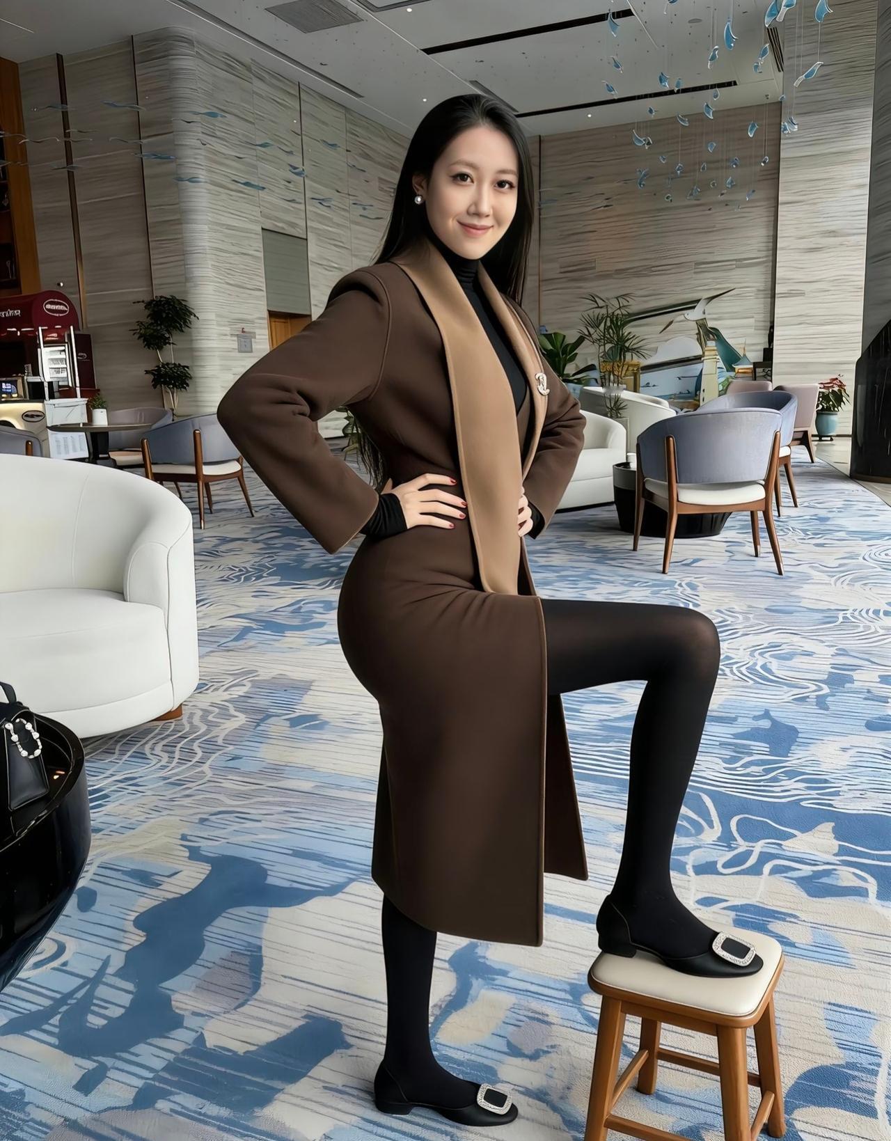 这套咖色系穿搭高级感拉满！双面呢大衣的深浅棕拼接自带质感，内搭全黑组合利落又显瘦