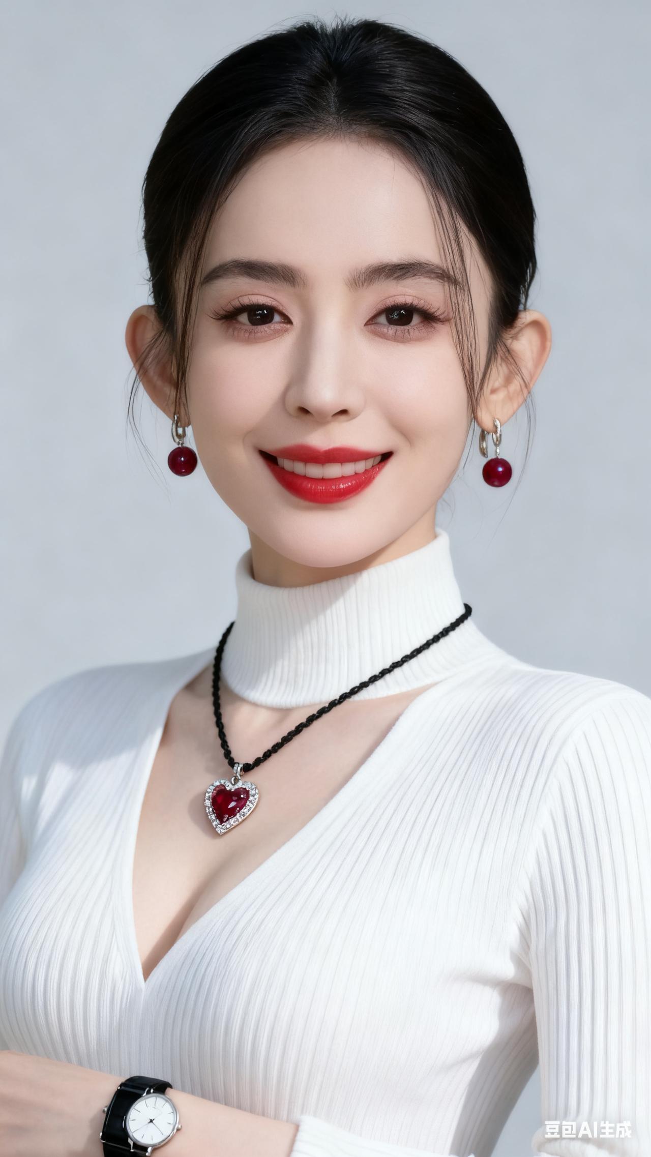 甜美红唇，优雅白衣，红宝石耳坠，闪耀心型项链，完美搭配！