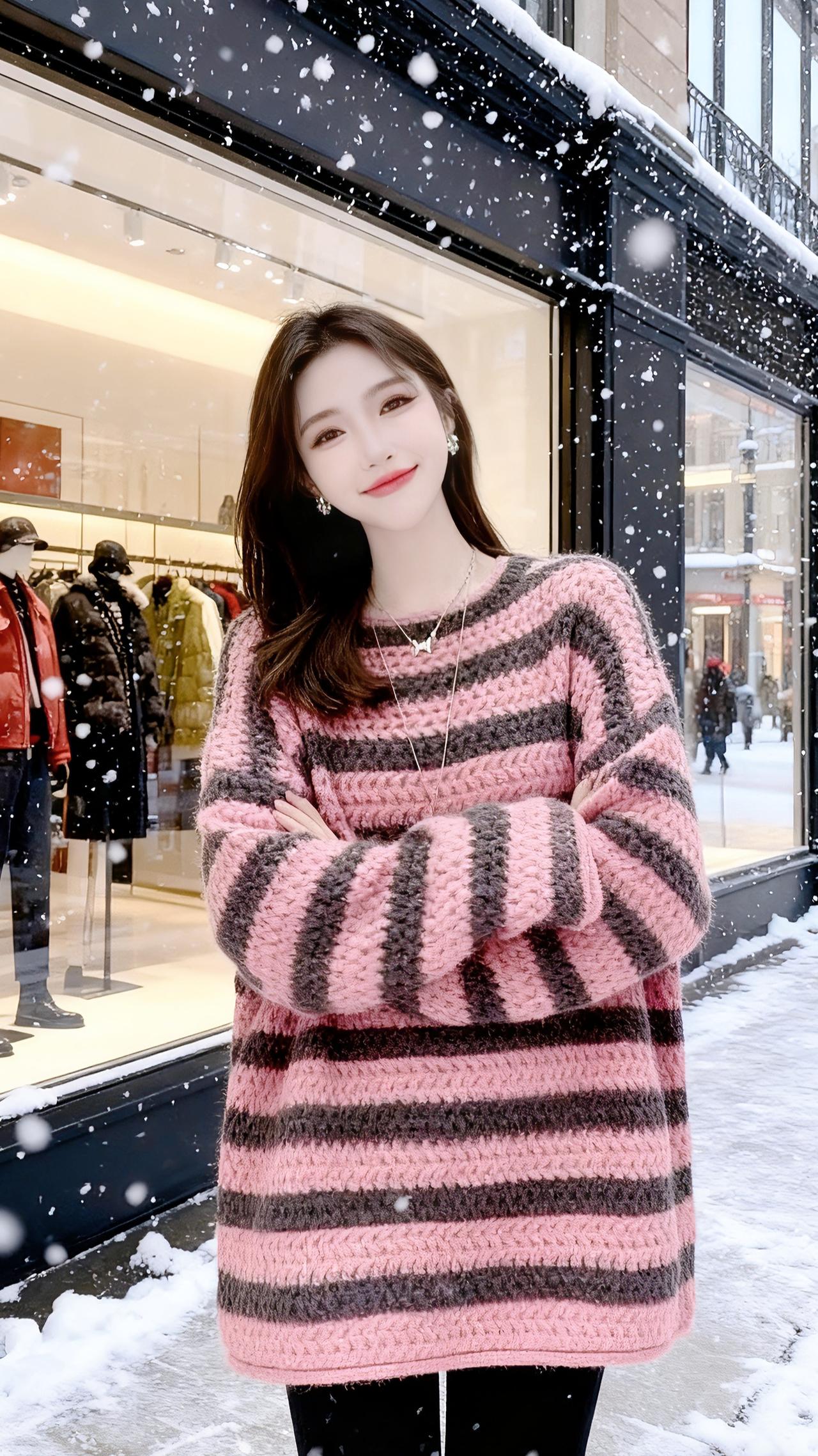 雪落进商业街的橱窗时，她正穿那件粉灰条纹的毛衣站在光里。
 
是冬的初雪，像揉碎