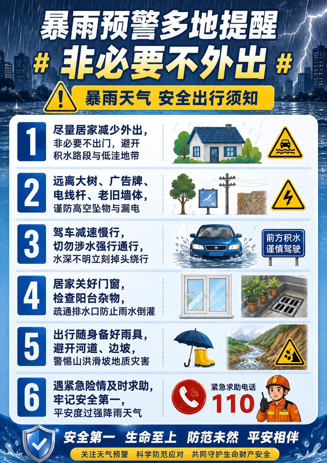 暴雨预警多地提醒非必要不外出⚠️暴雨天气安全出行须知：🔸尽量居家减少外出，非必