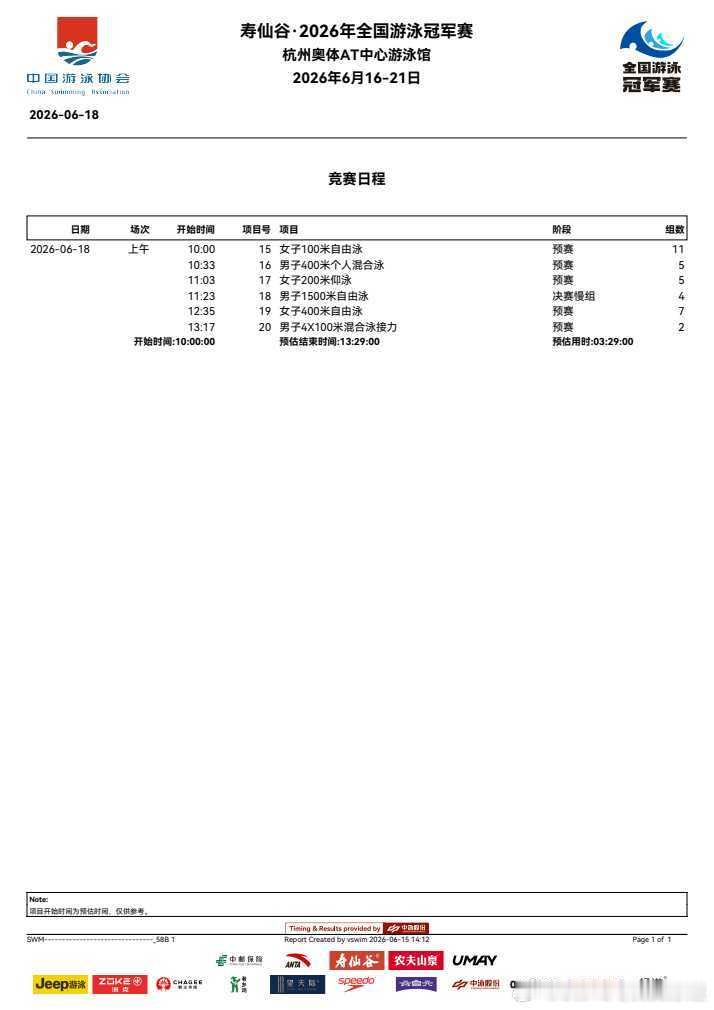 2026年全国游泳冠军赛 6月18日 第三天第5场 预赛赛程 p1第二项 男子4