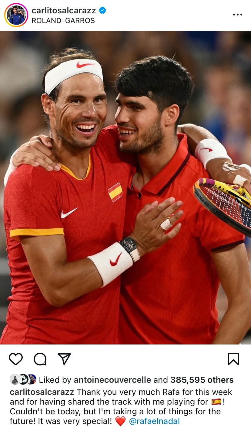 奥运会男双八强战落败出局之后，阿尔卡拉斯在社媒发文向纳达尔表达了感谢：“拉法，非