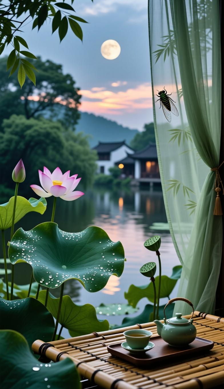 夏
 
薰风漫卷入千家，昼永阴浓覆碧纱。
荷展清盘承晓露，蝉鸣高树送朝霞。
轻摇