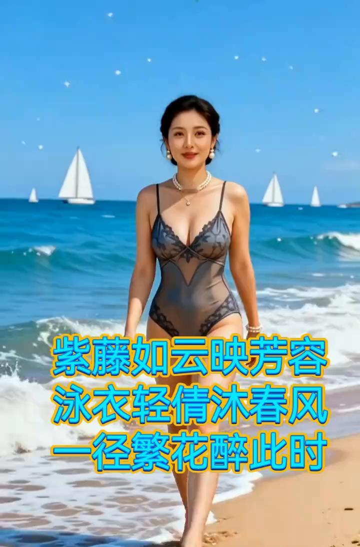 下面我为大家朗诵一首小诗：紫藤如云映芳容，泳衣轻倩沐春风。一径繁花醉此时。