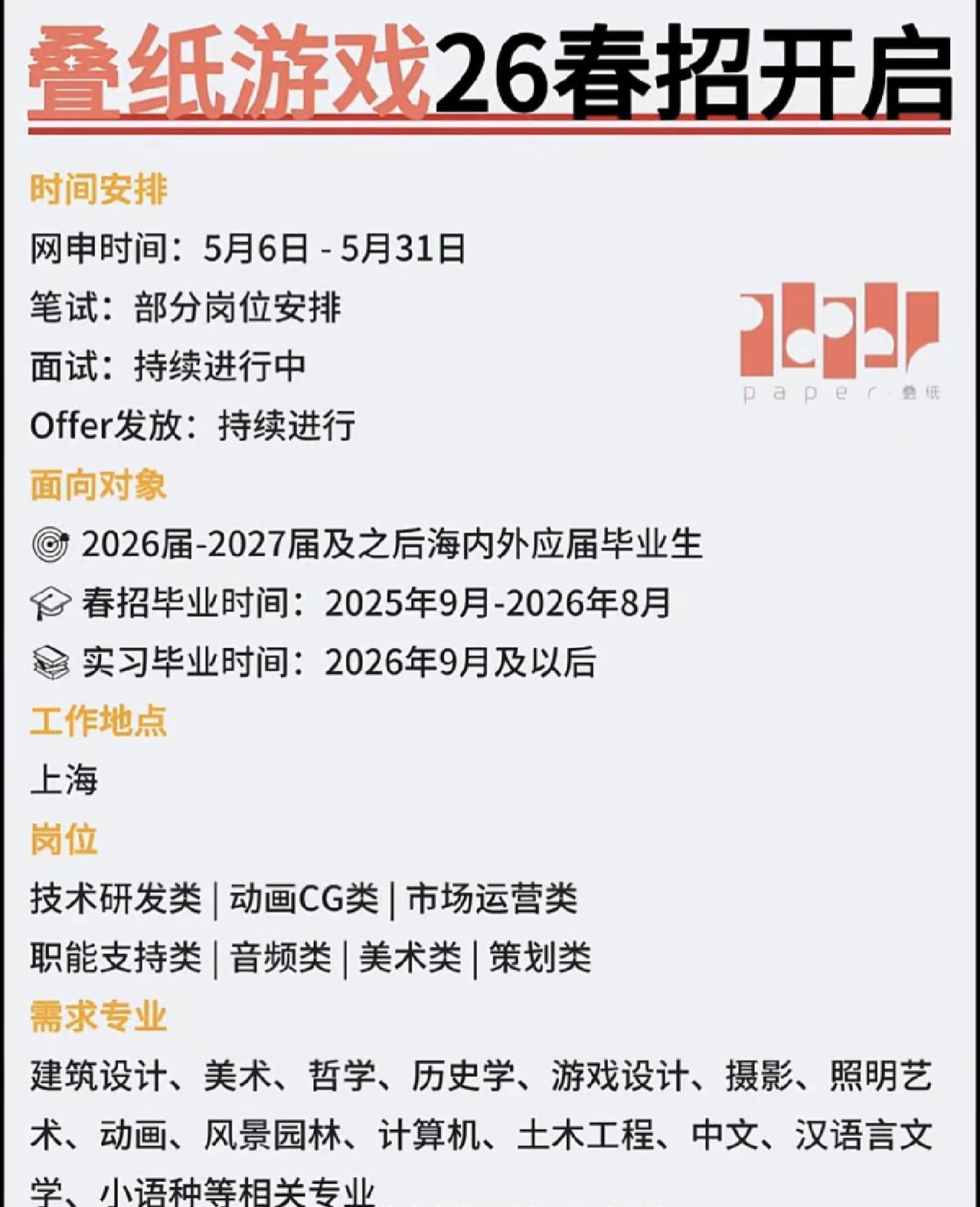 同学们，叠纸游戏2026春招已经开始了！别光看这公司做的游戏画风精致就觉得门槛低