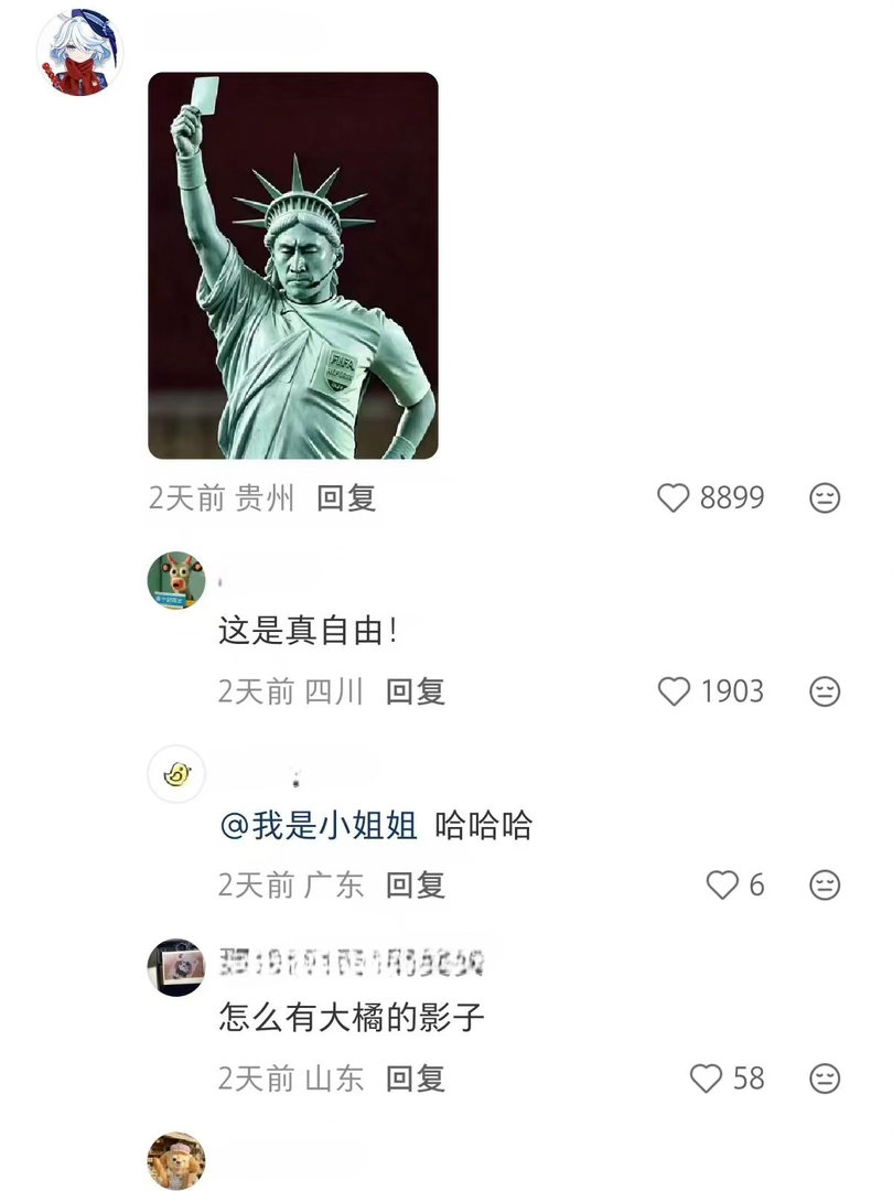 他们说今年的世界杯裁判马宁，是娘家权势滔天但膝下无子的中宫皇后具象化了，没有软肋