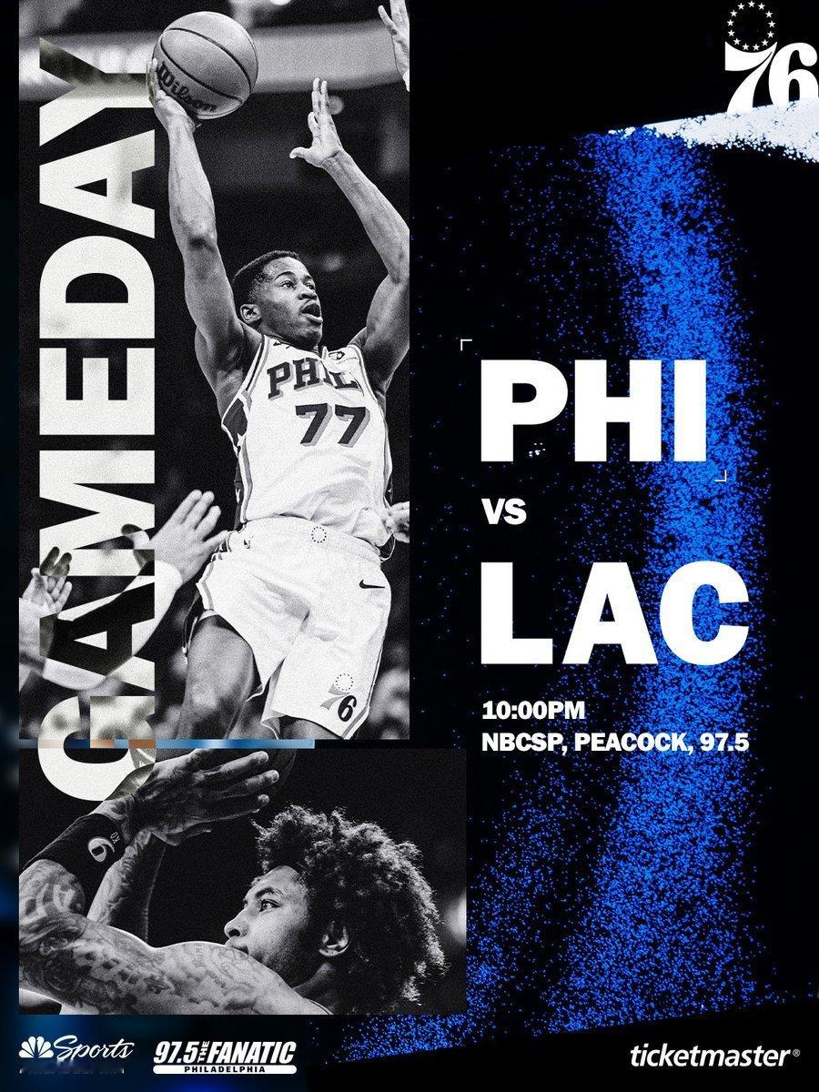 常规赛第49场：76人vs快船首发阵容名单：马克西、埃奇库姆、乌布雷巴洛、恩比德