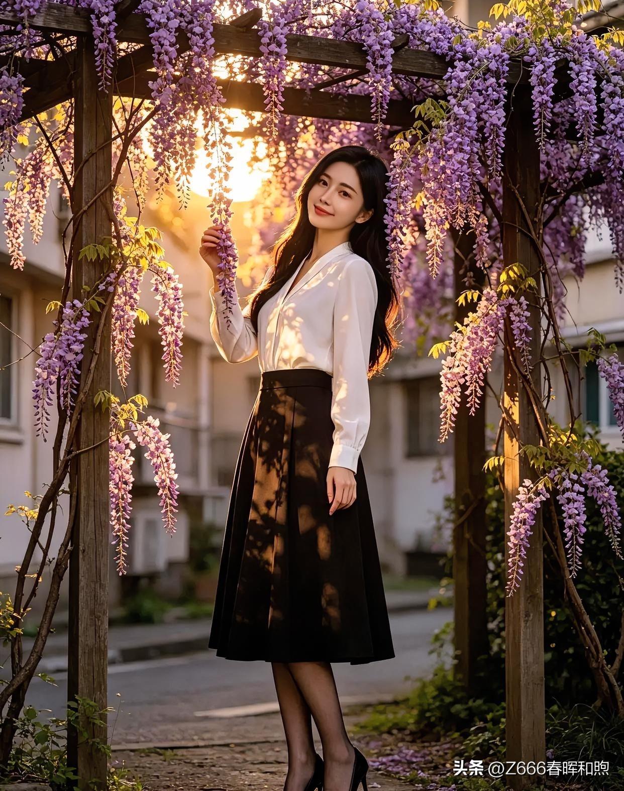 紫藤垂瀑沐夕光，素衣凝脂，黑裙曳影。指尖轻触芳华，笑靥如花，在暮色温柔里，定格成
