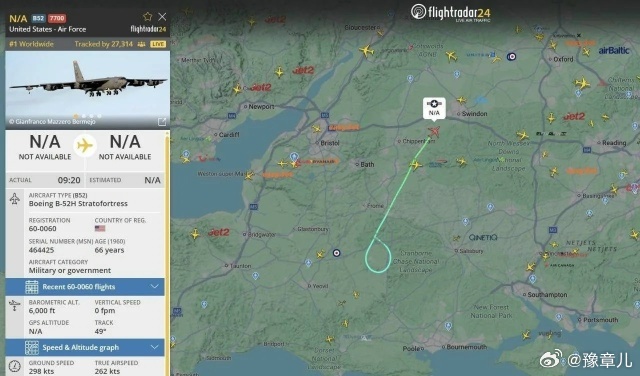 据飞行跟踪服务FlightRadar24称，美国战略轰炸机波音B-52H“同温层