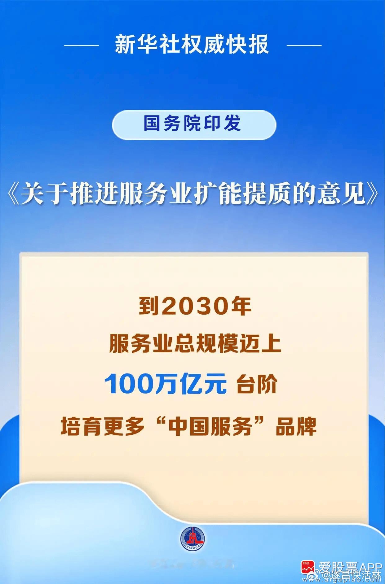 a股 【国务院：到2030年 服务业总规模迈上100万亿元台阶 深入实施“人工智