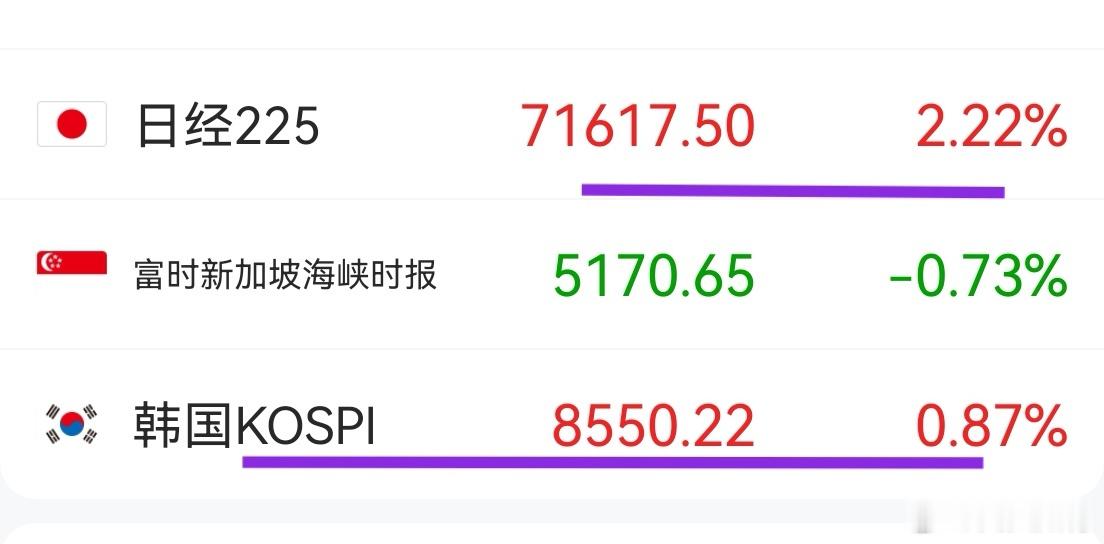 韩国综合指数涨幅不大，日经反而大涨。日本的这些巨头多是半导体材料，而不是半导体产