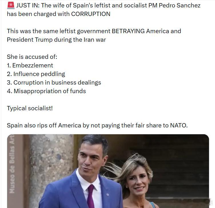 西班牙首相佩德罗·桑切斯的妻子被指控涉嫌腐败。她被指控涉及：• 挪用公款• 以权