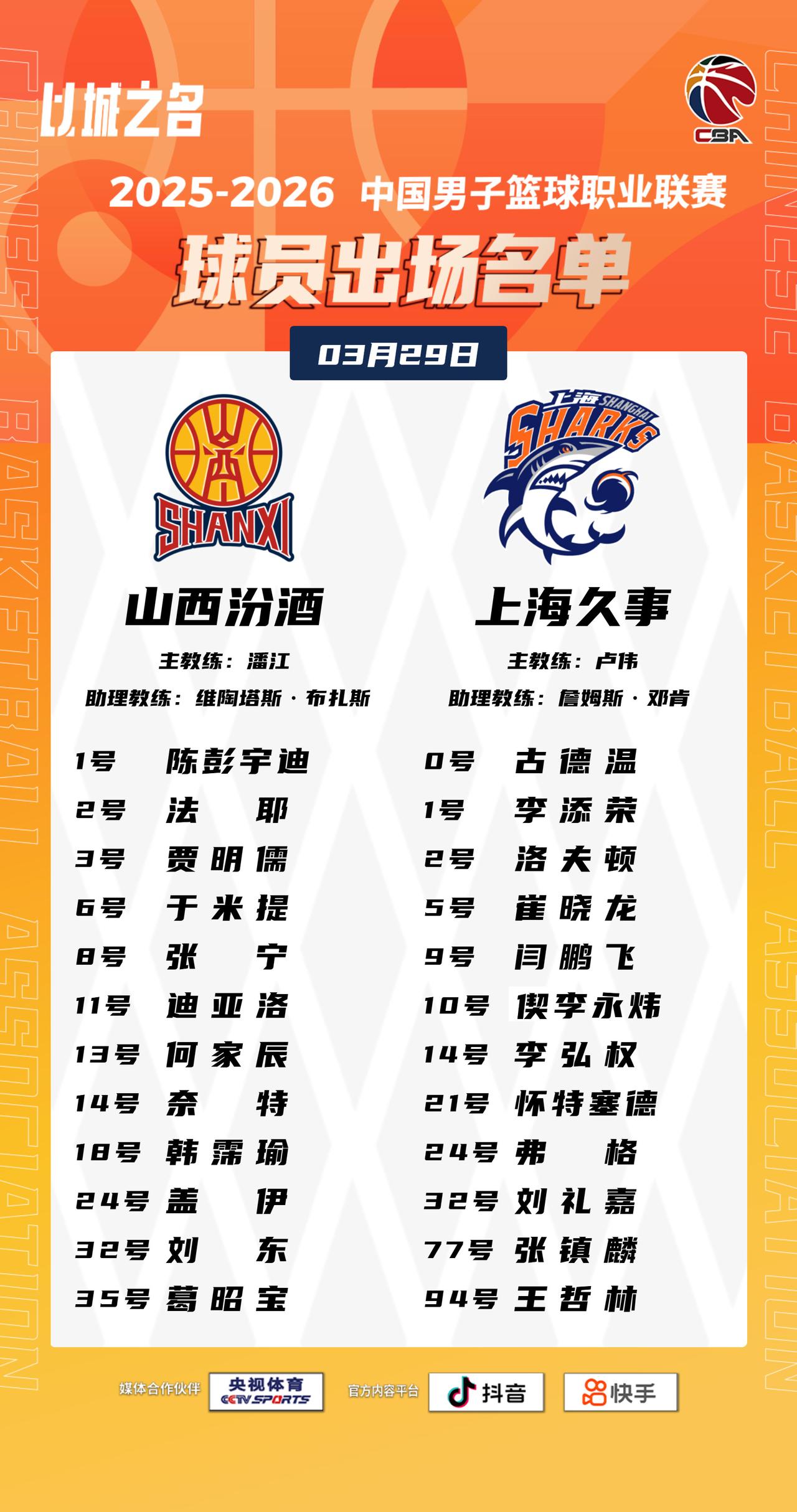 【大名单出炉】2025-2026赛季CBA联赛常规赛第三十二轮今晚开打，4场比赛