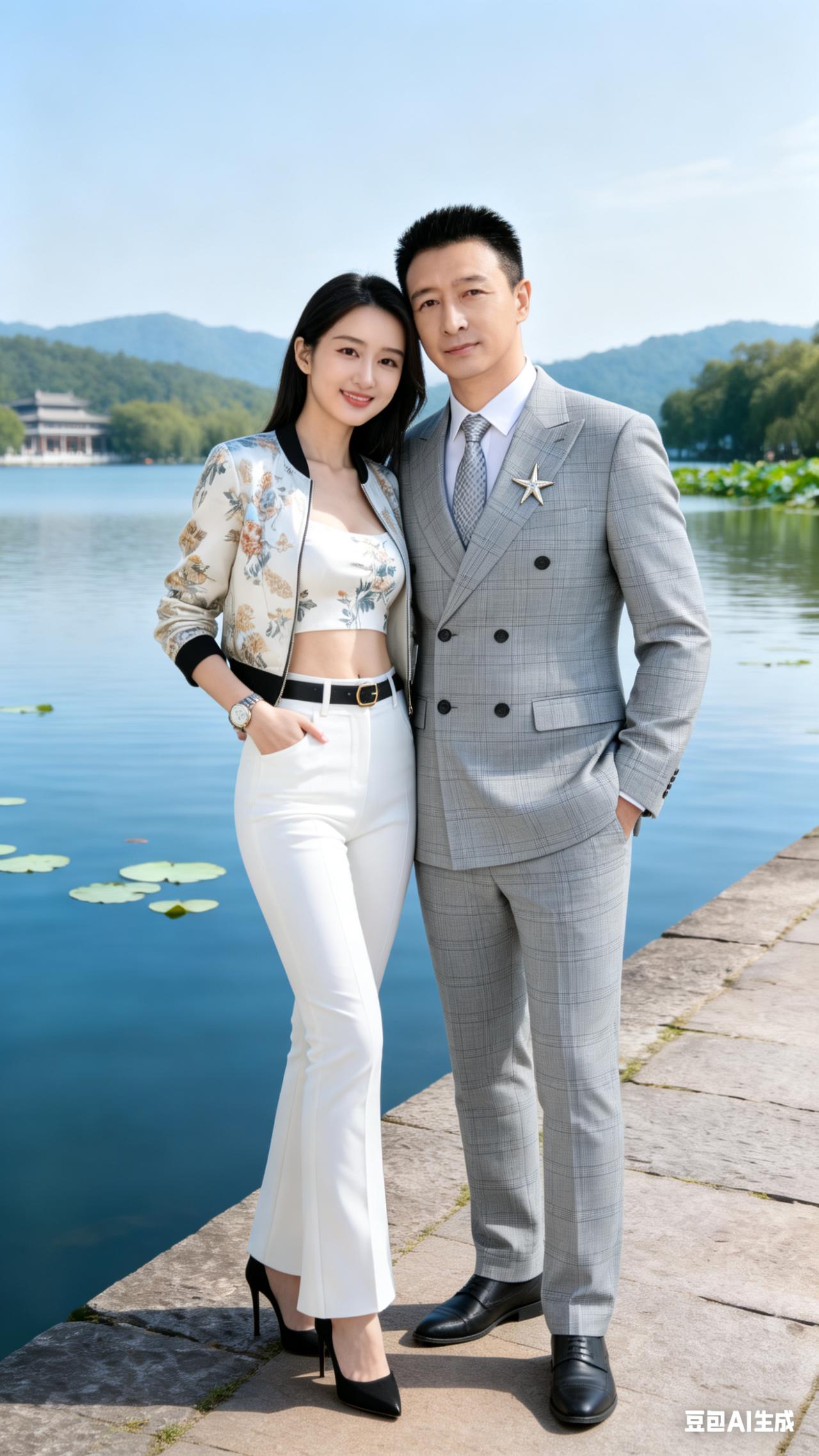 湖岸相依
湖光潋滟映山青，携手相偎意自倾。
星芒隐衬西装挺，花袂轻扬步履盈。
风