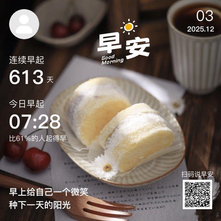 日常早安，你已连续早起打卡613天，昨晚睡了9小时4分钟。没有人可以回到过去重新