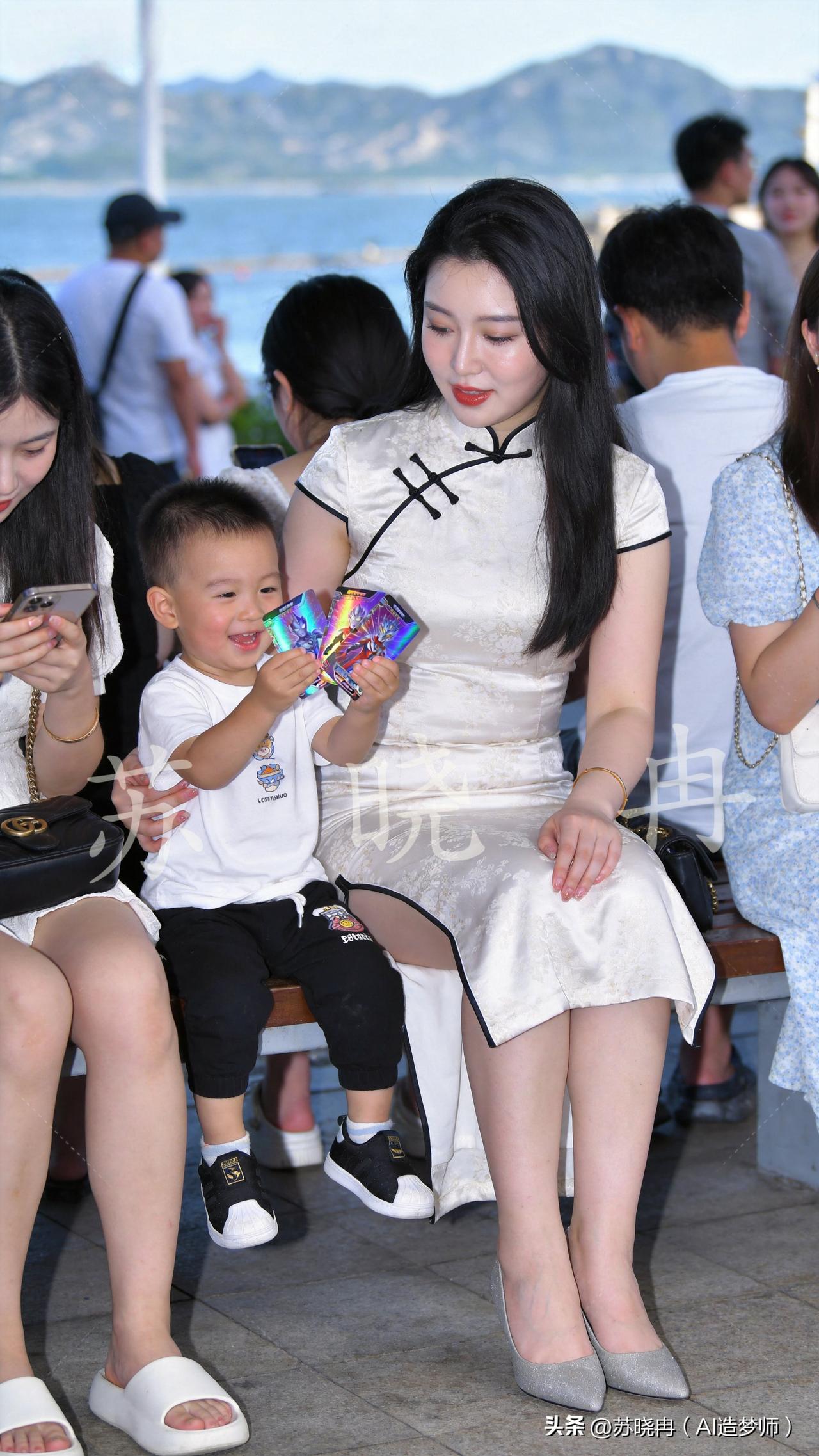 海边遛娃日常：娃沉迷奥特曼卡牌，妈妈一脸茫然，小姨专心刷手机🤣
海风裹着咸甜的