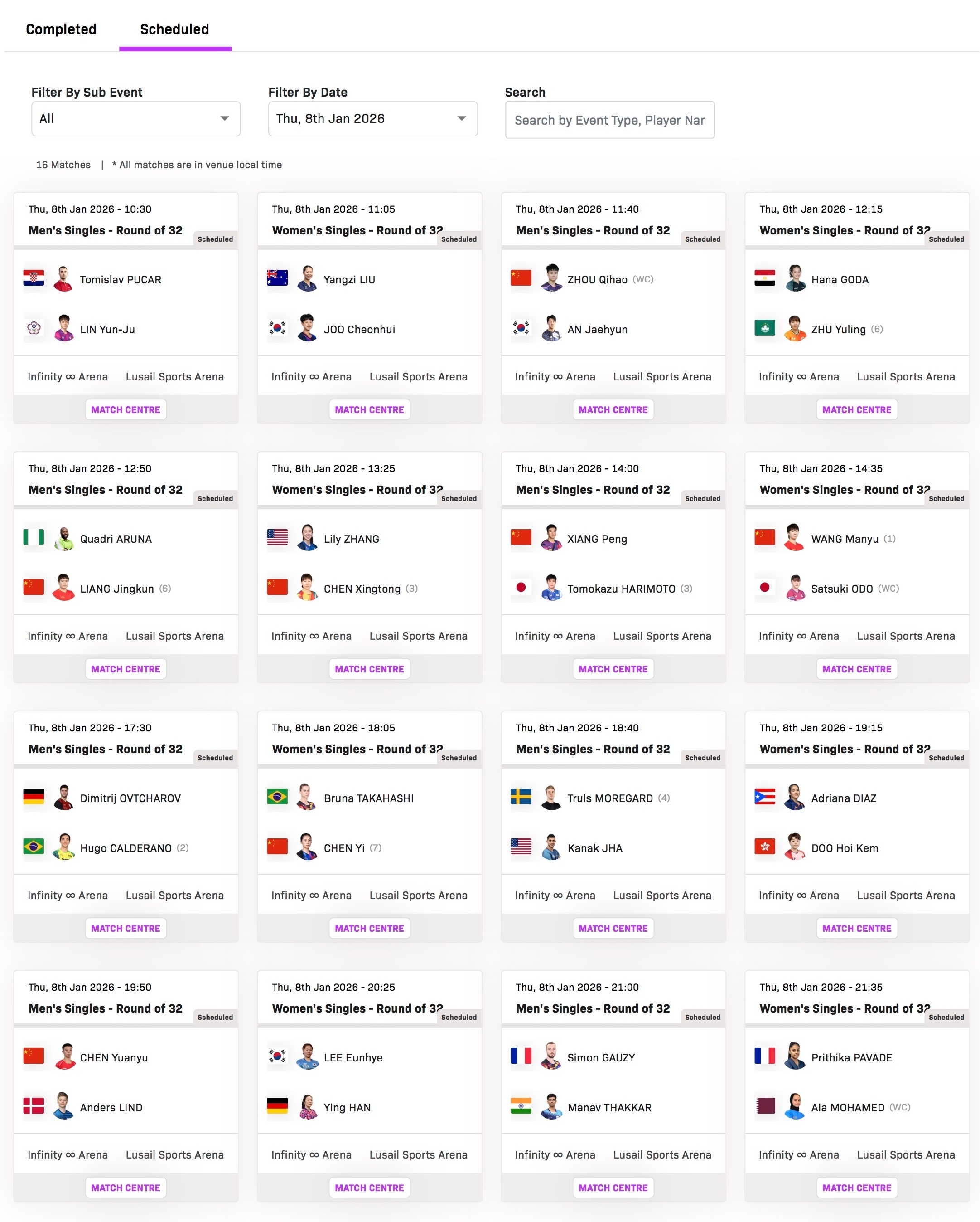 WTT多哈冠军赛2026 1月8日赛程15:30 普卡🇭🇷vs林昀儒(中国台