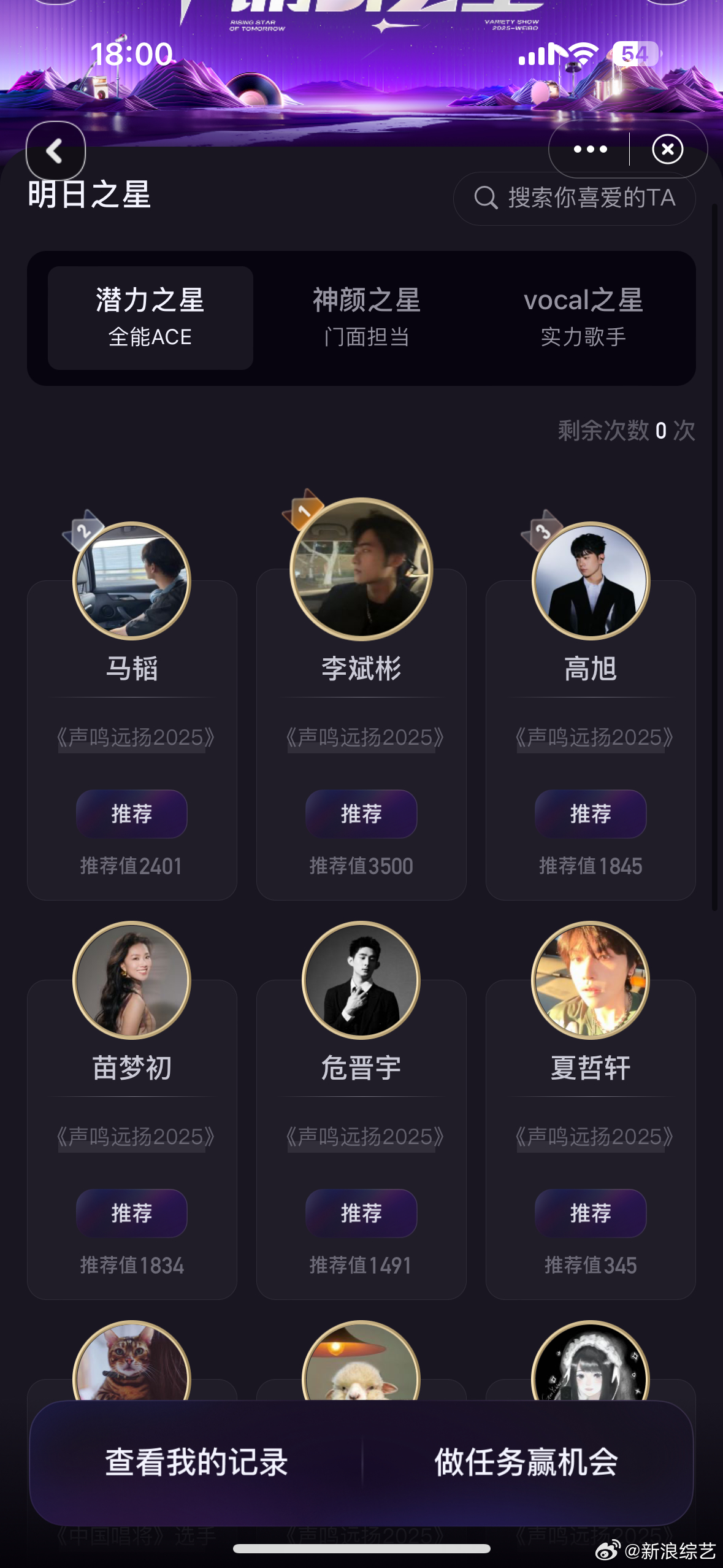 推荐持续ing！潜力之星✨、神颜之星✨、vocal之星✨三大赛道每日排行TOP6