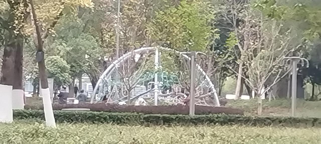小径曲回人稀少，喷泉水声鸣林间。
未到周日童在校，健身器材叫鸟听。